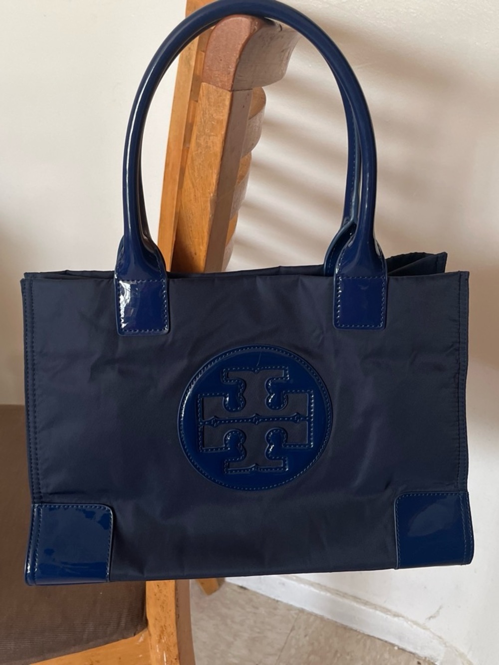 Preowned Tory Burch Navy Nylon Tote with Patent Trim